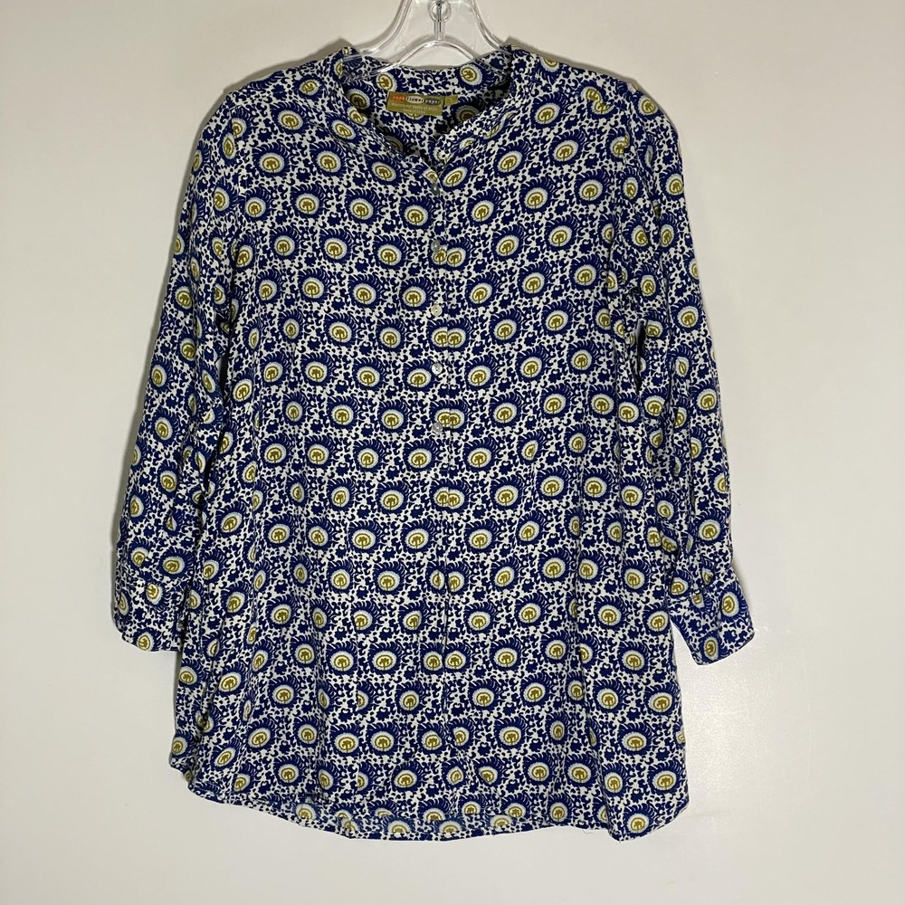 Rock Flower Paper Top Womens Small Blue Floral Henley Tunic Long Sleeve Rayon